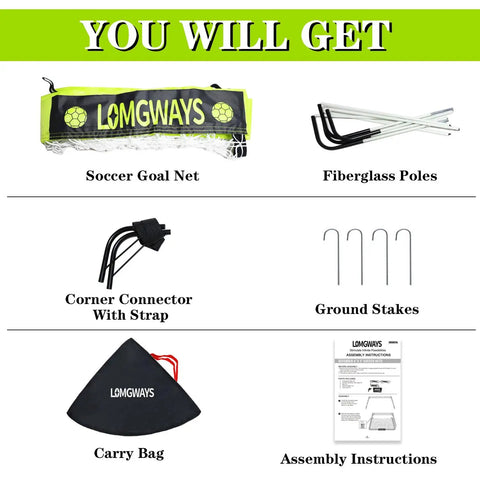 Contents of Portable 4x3 Soccer Goal For Backyard With Pop Up Net Ground Stakes And Carry Bag Easy Setup shown in image.