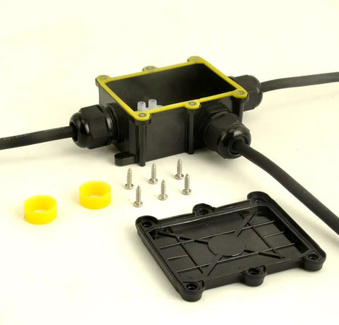 Waterproof Outdoor Junction Box IP68 With 3 Way M20 Cable Gland, open with wires, screws, and yellow seals, black durable PC construction