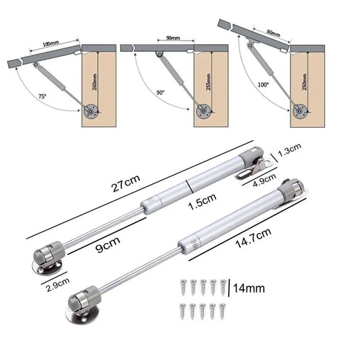 Heavy Duty Gas Hydraulic Struts Pair Delivering Smooth Soft Close Assist For Sturdy Flip Doors and large toy box lids, 27cm long steel construction.