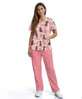Dachshund Print Scrubs Set For Women All Day Comfort Tops And Pants Multi Profession Nurse Uniform Perfect For Nurses Dental Hygienists Veterinary Technicians And Pet Groomers With Handy Pocket Design featuring pink dachshund print top and pants.
