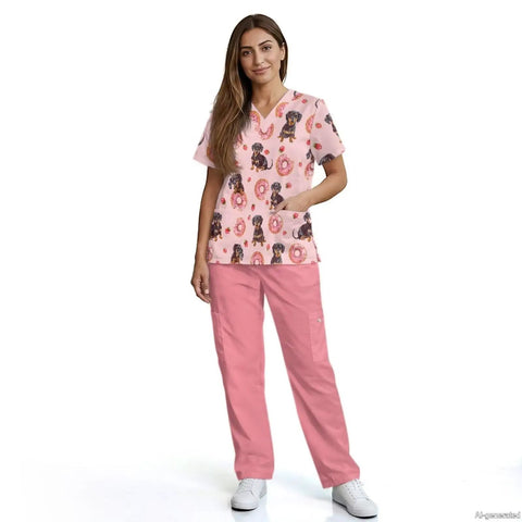 Dachshund Print Scrubs Set For Women All Day Comfort Tops And Pants Multi Profession Nurse Uniform Perfect For Nurses Dental Hygienists Veterinary Technicians And Pet Groomers With Handy Pocket Design featuring pink dachshund print top and pants.