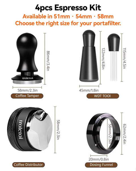 Top Shelf Espresso Accessories Kit Featuring A Dead Nuts Accurate 58mm Tamper Pro Grade Coffee Distributor And Heavy Duty WDT Tool Engineered For Smooth Daily Pulls On Every Standard Portafilter.