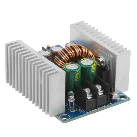 Kickstart Your Builds With This Built Tough 300W 20A Adjustable Buck Converter Step Down Regulator showing copper terminals and cooling fins.