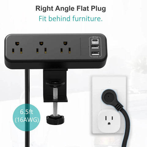 Desk Clamp Power Strip With USB C And USB Ports, 3 Outlets, Removable Clamp, right angle plug, 6.5 ft extension cord