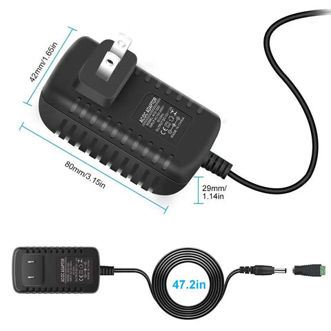 12V 2A LED Power Supply 24W AC To DC Adapter For LED Strip Lights with cord and connectors, dimensions shown