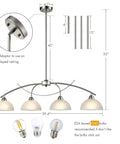 Contemporary Alabaster Frosted Glass Pendant Lighting for Kitchen Island in Brushed Nickel Finish, 4 lights, dimensions labeled, ETL listed.