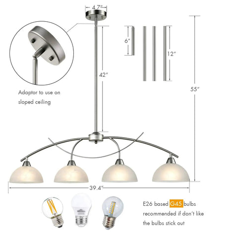 Contemporary Alabaster Frosted Glass Pendant Lighting for Kitchen Island in Brushed Nickel Finish, 4 lights, dimensions labeled, ETL listed.