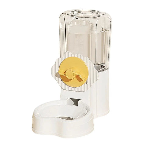 Automatic Pet Water Dispenser With A Drip Free Bowl And Hassle Free Self Refilling Setup For Cats And Dogs Easy Cage Friendly Mount, clear design with yellow nozzle.