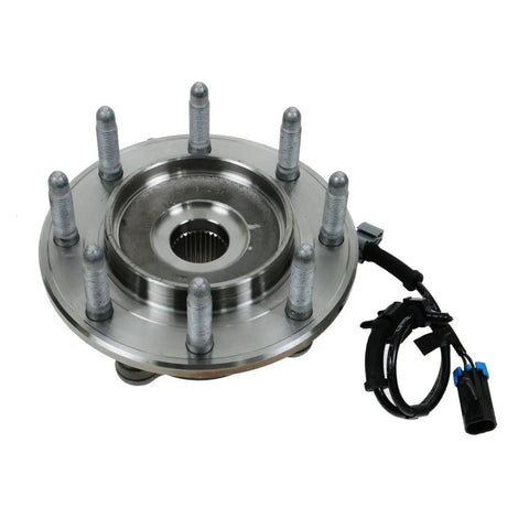 Chevy Front Wheel Hub and Bearing Replacement Kit for Pickup Truck Driver Side and Passenger Side Direct Fit Wheel Hub Assemblies Pair OE and Aftermarket Compatible Easy Install Long Lasting showing metal hub with sensor cables