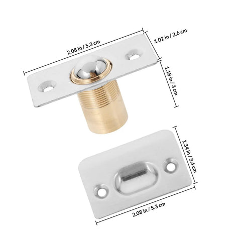 4 Sets Adjustable Door Ball Catch Latch With Strike Plate For Wood Doors Stainless Steel And Copper Interior Closet Cabinet Easy Install Durable Spring Closure For Secure Smooth Door Operation, showing ball catch and strike plate dimensions.