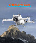 DJI Mini 4 Pro in flight with landing gear, foldable legs for gimbal protection, 30mm extension on durable PC material.