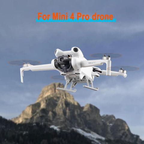DJI Mini 4 Pro in flight with landing gear, foldable legs for gimbal protection, 30mm extension on durable PC material.
