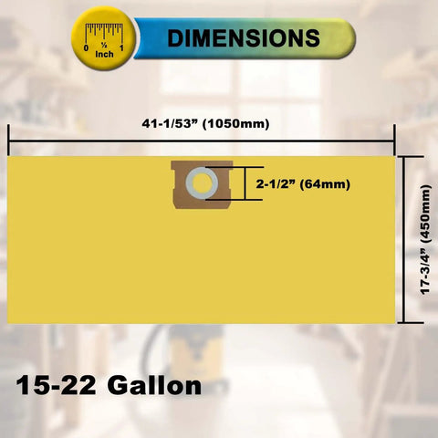 Five Pack Type J Vacuum Bags For 15 To 22 Gallon Shop Vac Wet Dry Vacs, labeled dimensions in inches and millimeters
