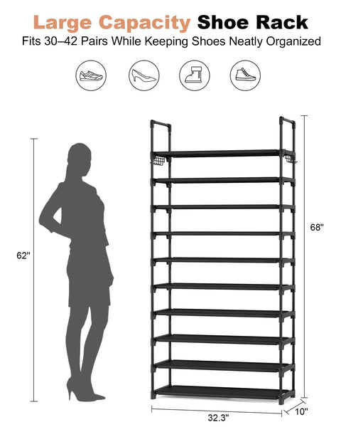 Heavy Duty 10 Tier Shoe Rack With 10 Coat Hooks, Sturdy Vertical Shoe Organizer For Home Entryway, Level Up Your Sneaker Game In Matte Black Today