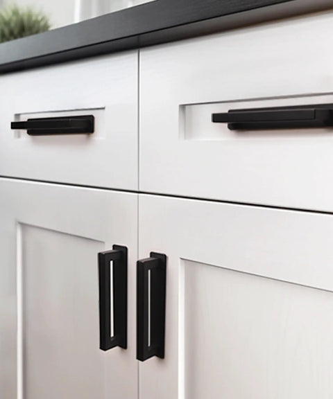 Heavy Duty Peel And Stick Cabinet Handles Six Inch Black Adhesive Drawer Pulls on white cabinetry.