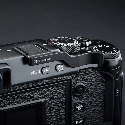 Deluxe Metal Thumb Up Grip For Fujifilm X Pro 3 X Pro 2 X Pro 1 Mirrorless Cameras With Hot Shoe Mount Secure Grip attached to camera