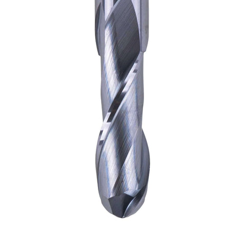 Close-up of SpeTool 14412 ball nose carbide end mill with double-flute spiral