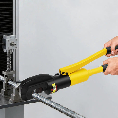 Heavy Duty Hydraulic Rebar Cutter 13 Ton Cuts Up To 22mm Steel Rods in use, cutting reinforced steel rods with yellow handles.