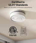 Premium Smoke Detector Alarm With 10 Year Tamper Resistant Lithium Battery UL 217 Certified installed on ceiling with safety certifications visible.