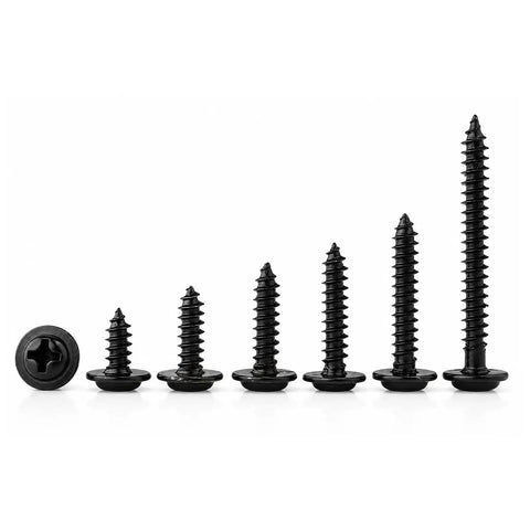 Fifty Piece Black Oxide Phillips Wafer Head Self Tapping Screws For Plastics And Electronics, showing various sizes and head design.