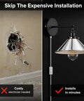 LEDSone Chrome Plug in Wall Sconce E26 Adjustable Cone Shade Wall Light installation comparison, easy plug-in versus costly wiring.