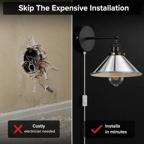 LEDSone Chrome Plug in Wall Sconce E26 Adjustable Cone Shade Wall Light installation comparison, easy plug-in versus costly wiring.