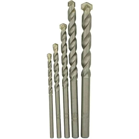 Beefy Five Piece Masonry Drill Bit Set With Razor Sharp Carbide Tips For Drilling Brick Concrete And Stone rotary percussion compatible.