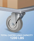 Close-up of a Heavy Duty 4 Inch Caster with Thermoplastic Rubber Wheel supporting a box, showcasing 1200 lb load capacity.
