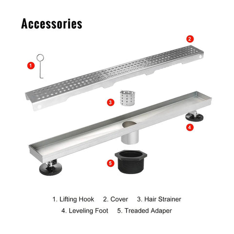 Accessories of 24 Inch Linear Shower Drain With Removable Square Hole Panel In Brushed 304 Stainless Steel Adjustable Feet