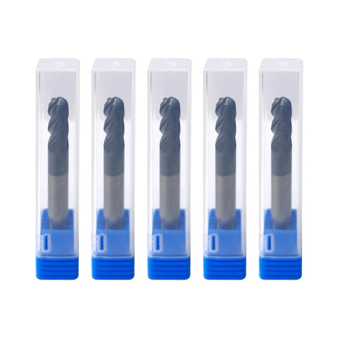 Five Pack Quarter Inch Ball Nose Carbide End Mills ALTiN Coated in blue holders, front view of CNC milling bits