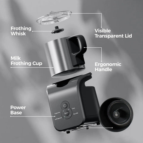 Exploded view of a 4-In-1 Milk Frother And Warmer For Hot Or Iced Lattes Cappuccinos And Macchiatos, with labeled parts.