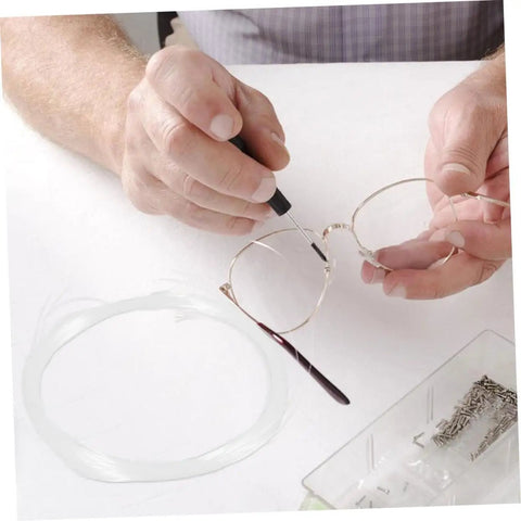 Person using Half Frame Glasses Thread Replacement Kit For Eyeglasses, Eyewear Repair String And Nylon Temple Tips Lanyard for quick fix.