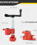 Heavy Duty Six Pack Of Half Inch Pipe Clamps For Woodworking dimensions showing red cast iron frame and fast jaw adjustment.