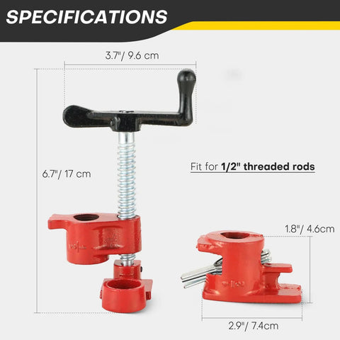 Heavy Duty Six Pack Of Half Inch Pipe Clamps For Woodworking dimensions showing red cast iron frame and fast jaw adjustment.
