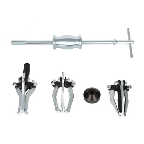 Heavy Duty 3 Jaw Slide Hammer Puller Set Built Tough For Quick Gear Bearing And Flywheel Removal No Sweat Garage Staple For Auto Technicians And Weekend Warriors Premium Carbon Steel Extractor Tool Straight Outta The Shop parts laid out on a white background.