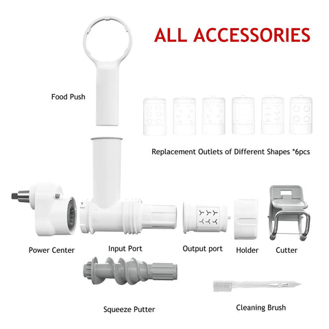 Pasta Maker Attachment For Stand Mixer With 6 Shapes Of Pasta Outlet and accessories including cutter and cleaning brush.