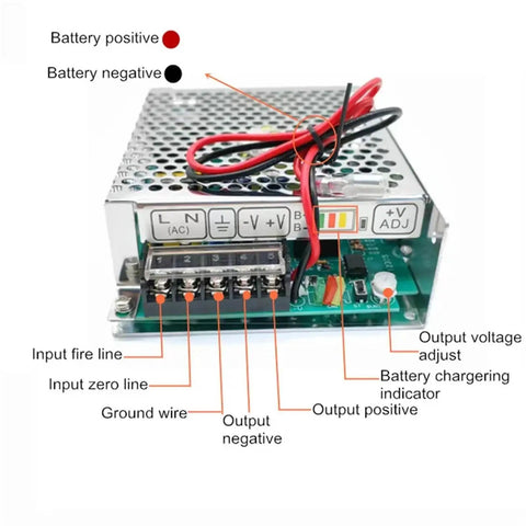 Top Shelf 120W Ups Switching Power Supply 24V Lithium Battery Charger 27.6V Output showing wiring connections and controls.