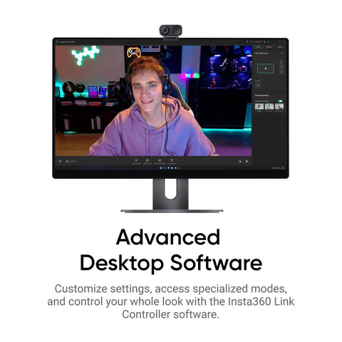 Straight Fire 4K Webcam For PCs And Macs Featuring One Half Inch Sensor With HDR Night Vision And Smooth Auto Tracking Plus AI Cancelled Audio And Snap Gesture Controls, desktop monitor displaying video call interface.