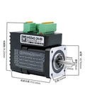 Front view of integrated step servo motor system with 0.48 Nm output and 1000 line encoder, showing compact design and connectors.