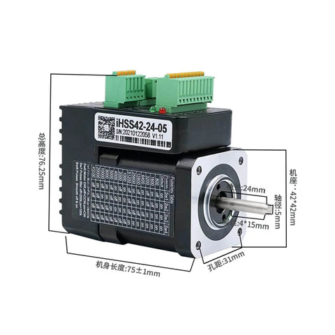 Front view of integrated step servo motor system with 0.48 Nm output and 1000 line encoder, showing compact design and connectors.