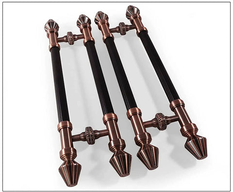Red Copper Sliding Barn Door Handle Set For Wood Doors, Two-Side Push Pull Bar Handle, Interior And Exterior Round Design, shown unmounted