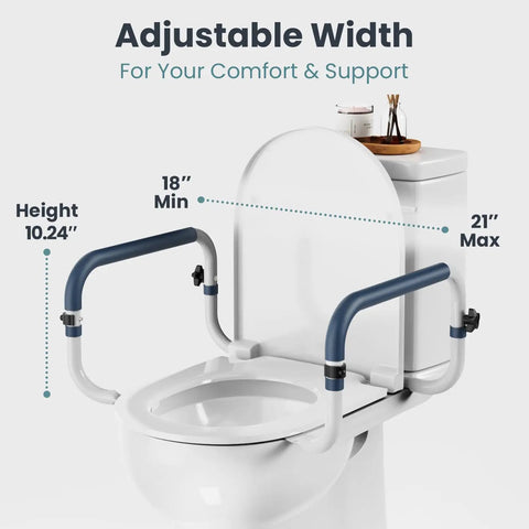 Adjustable Toilet Safety Rails For Seniors showing adjustable width between 18 to 21 inches for comfort and support.