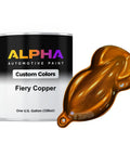 Copper Pearl Midcoat Basecoat Paint 128 Ounce Ready To Spray Slow Reducer with a metallic sample cap in fiery copper color.