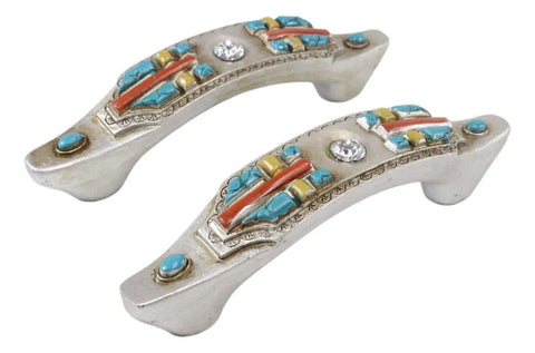 Set Of Four Hella Stylish Southwestern Turquoise Cross Drawer Pulls With Sparkling Rhinestone Sculpted Hand Painted Composite Resin Cabinet Handles and Furniture Knobs For Any Room That Really Looks Dang Sharp, showing intricate details.