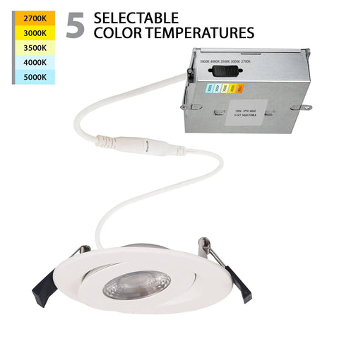 Pro Grade Six Inch Led Recessed Can Light Delivers Knockout Accent Glow With Slick Pivot Hinge And Five Cct Settings Yields No Sweat Illumination For Every Home Upgrade Packaged As Solid Twenty Four Piece White Fixture Kit Optimized For Tight Wall - showing adjustable color temperature switch and fixture design.