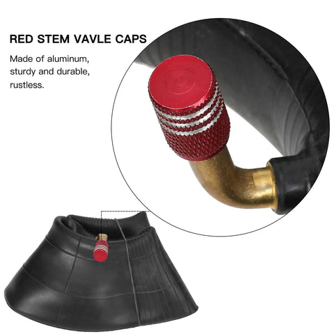 Close-up of red metal valve cap on 4 Pack 4.10/3.50-4 Inner Tubes With TR87 Bent Valve Stem, 10 inch heavy duty replacement.