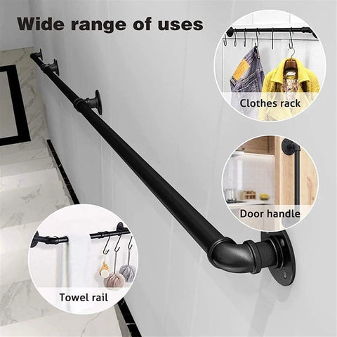 Sleek Black Wrought Iron Stair Rails With Super Grippy Non Slip Coating Zero Hassle Diy Wall Mount Setup Heavy Duty Indoor Outdoor Banister For Seniors Kids Hallway Loft And Bathroom 19 Feet Long installed as a towel rail and clothes rack.