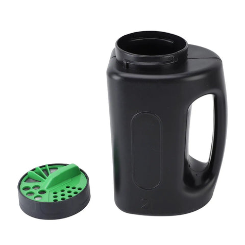 Portable 2L Handheld Spreader with green adjustable opening lid and easy grip handle shown detached, pro grade ABS tool for lawn care.