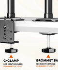 Close-up of C-clamp and grommet base features for Premium Ergonomic Sit Stand Monitor Desk Mount With Wide Keyboard Tray For 17 To 32 Inch Screens Delivering Super Slick Pneumatic Spring Height Adjustment Tech.