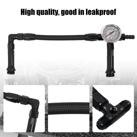 Holley 4150 Compatible Dual Feed AN6 Braided Fuel Line Kit with 0-160 Psi Gauge, black aluminum fittings, close-up view